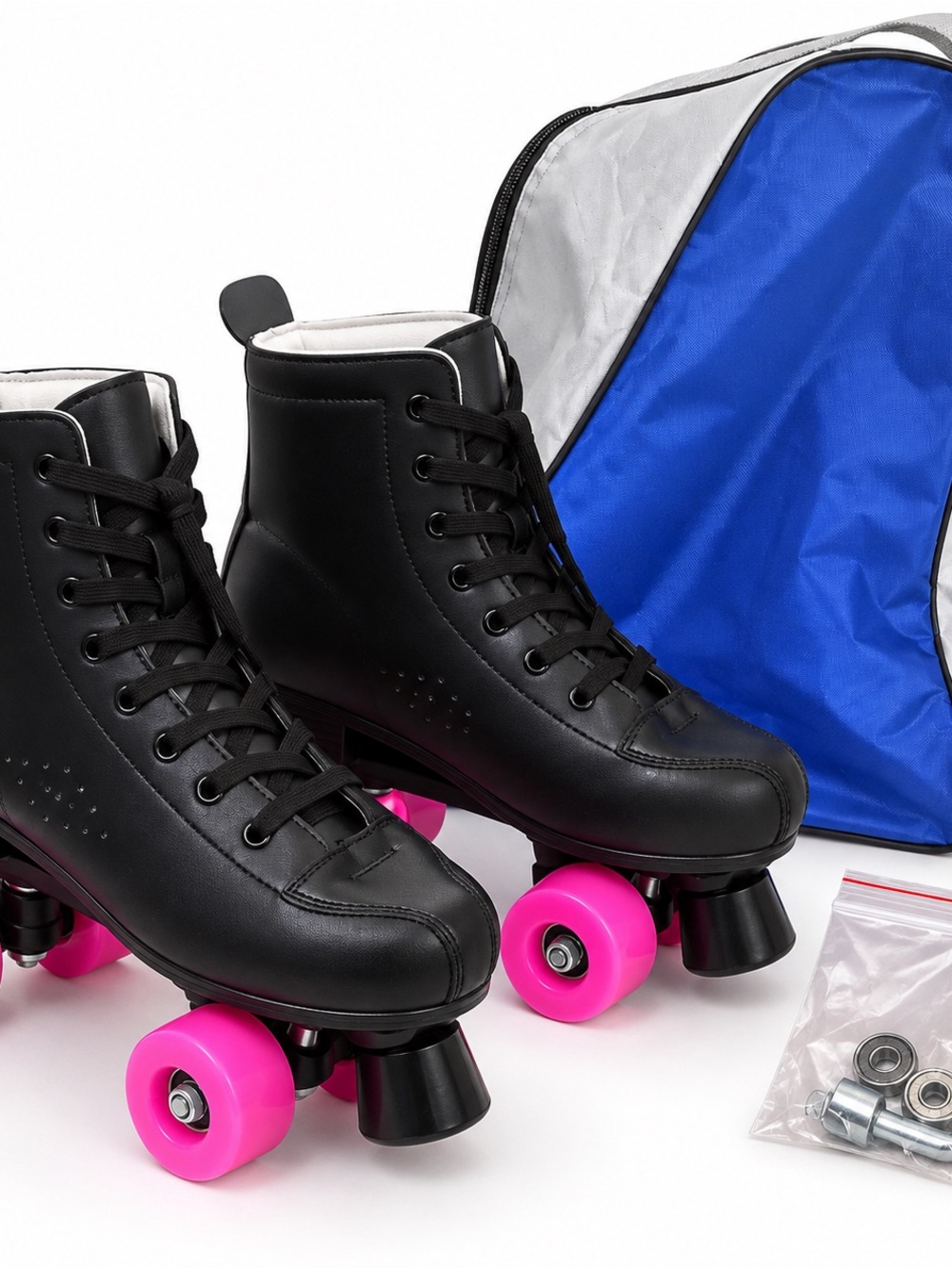 Women’s Black Roller Skates Size 8.5 Pink Wheels with Carry Bag